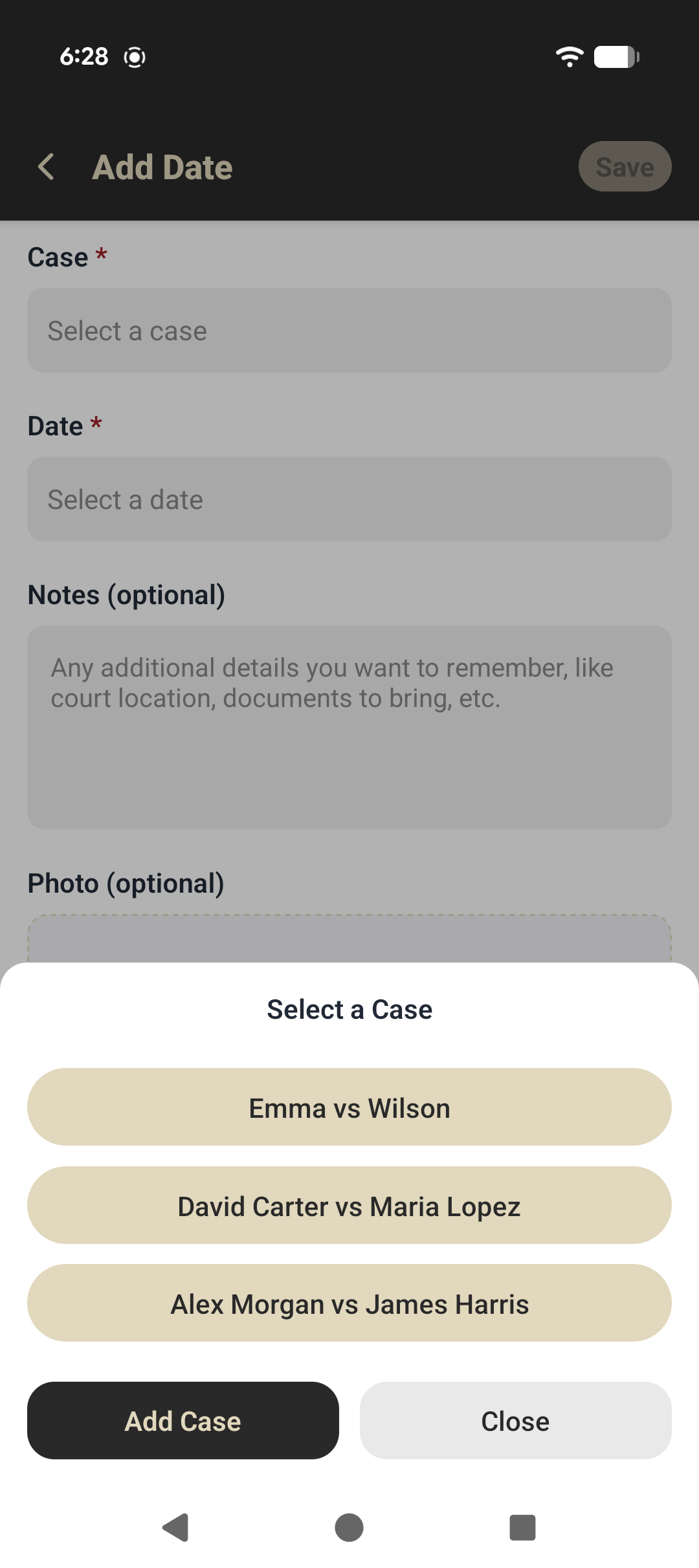 Add Date screen with a case selection panel