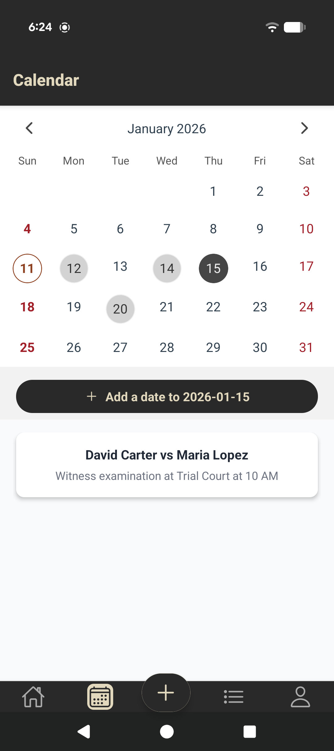 Lawyer Diary calendar showing scheduled matter dates in January 2026