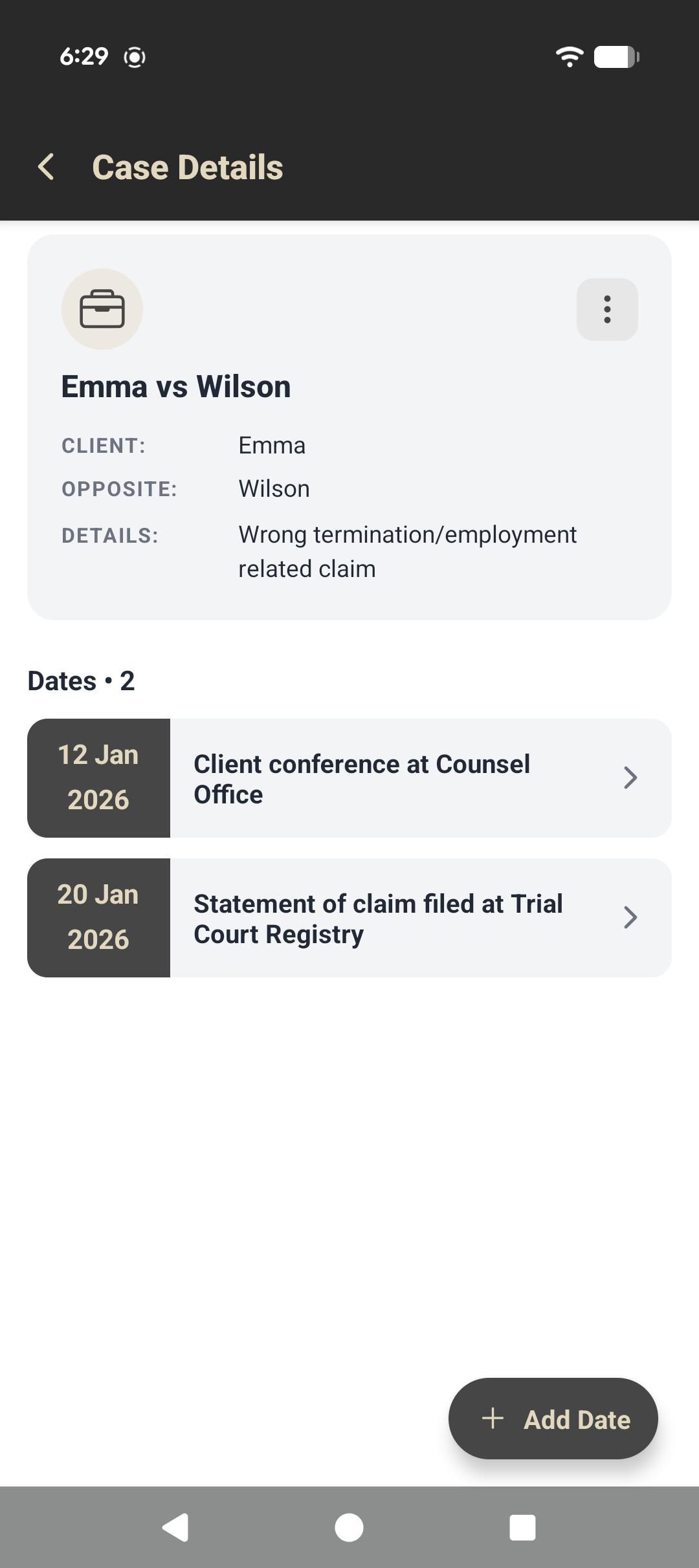 Case details for Emma versus Wilson with two upcoming dates