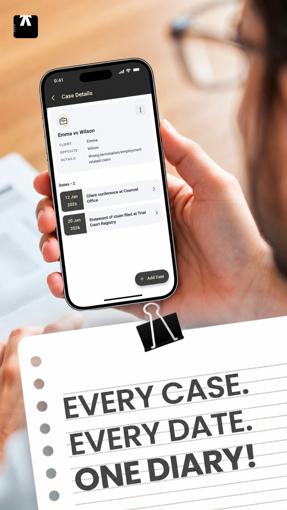 A legal professional holding a phone with a Lawyer Diary case open
